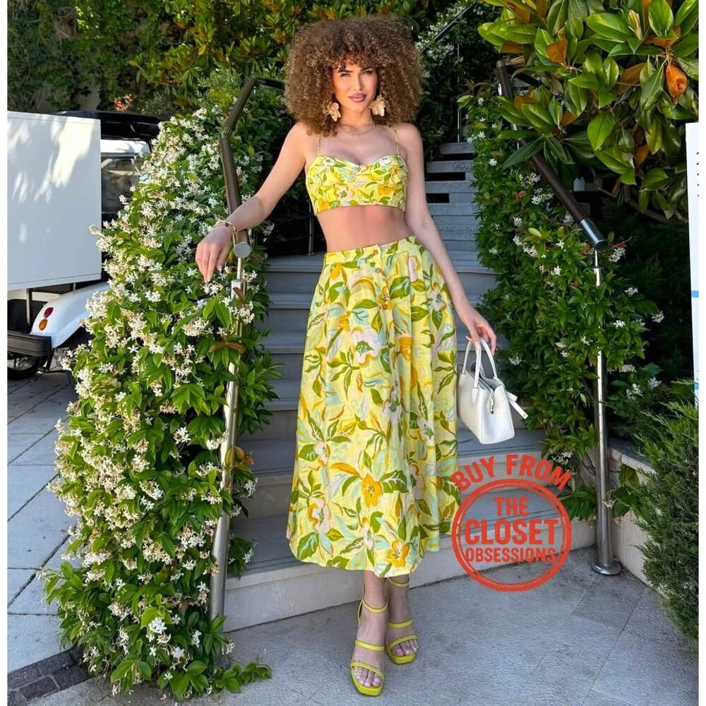 Zara Floral Co Ord Set Corset Top Midi Skirt Linen Blend Vacation Outfit NWT - Picture 14 of 16